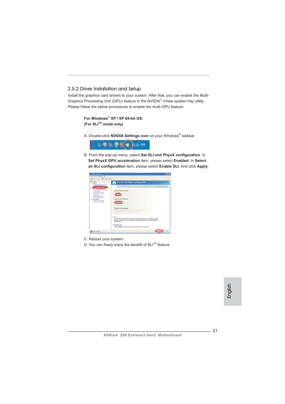 English 2.5.2 driver installation and setup | ASRock Z68 Extreme3 Gen3 User Manual | Page 21 / 217