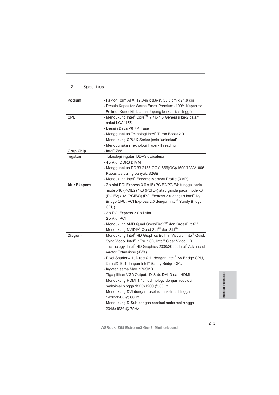 2 spesifikasi | ASRock Z68 Extreme3 Gen3 User Manual | Page 213 / 217