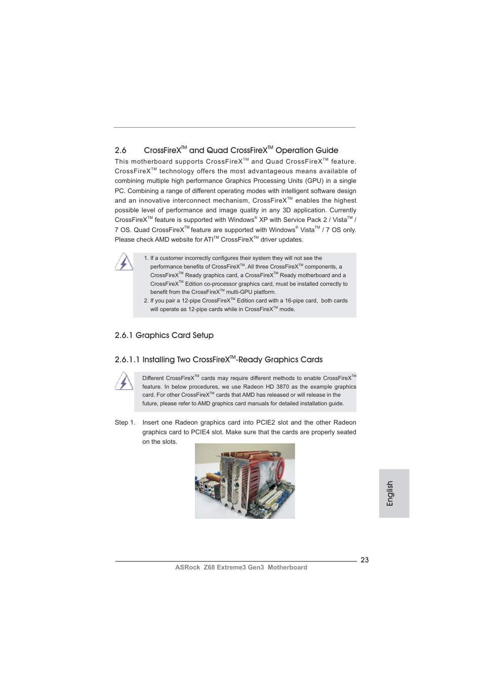 English, 6 crossfirex, And quad crossfirex | Operation guide, Ready graphics cards | ASRock Z68 Extreme3 Gen3 User Manual | Page 23 / 217