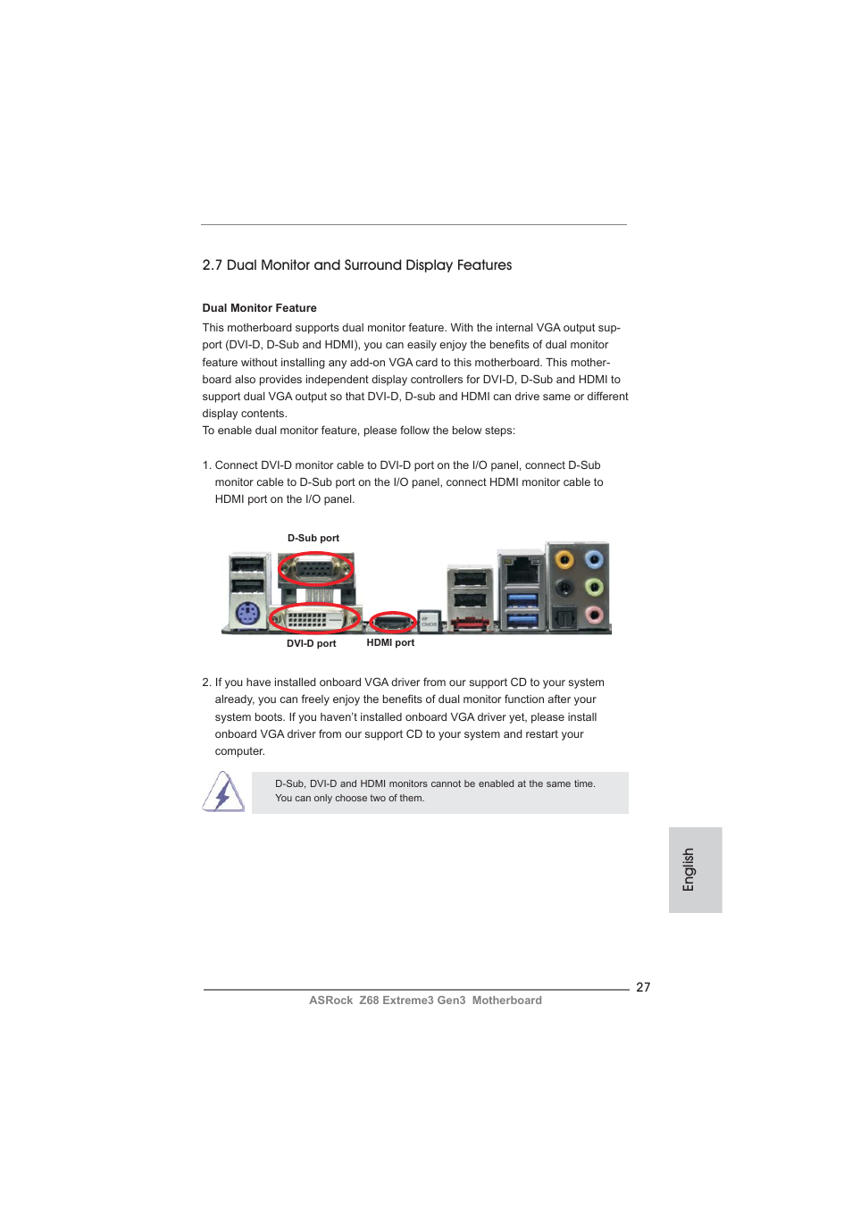 English, 7 dual monitor and surround display features | ASRock Z68 Extreme3 Gen3 User Manual | Page 27 / 217