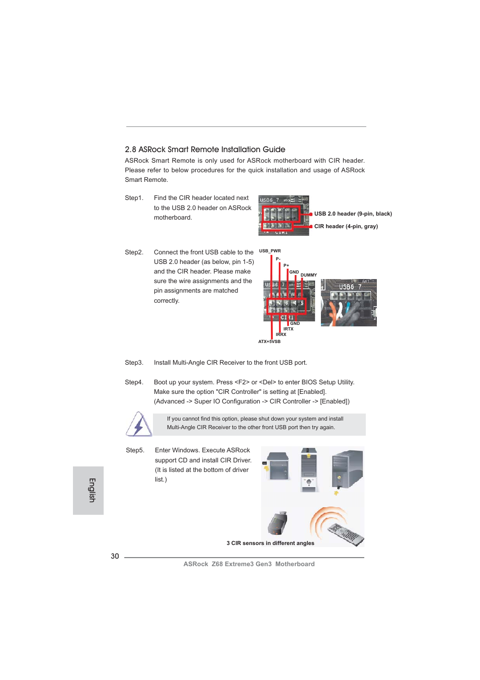 English, 8 asrock smart remote installation guide | ASRock Z68 Extreme3 Gen3 User Manual | Page 30 / 217