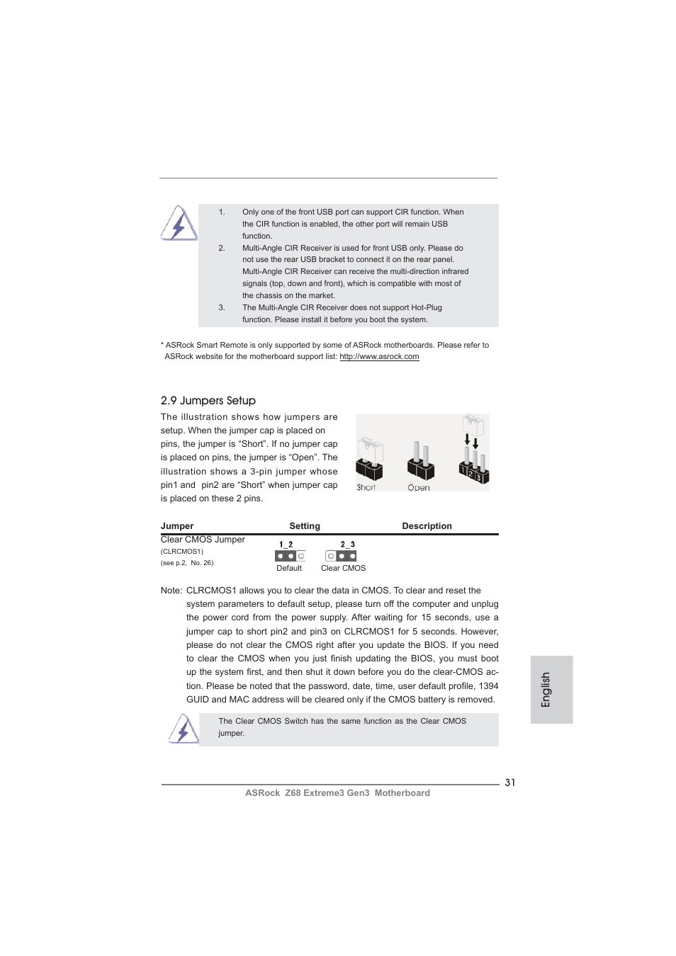 English 2.9 jumpers setup | ASRock Z68 Extreme3 Gen3 User Manual | Page 31 / 217