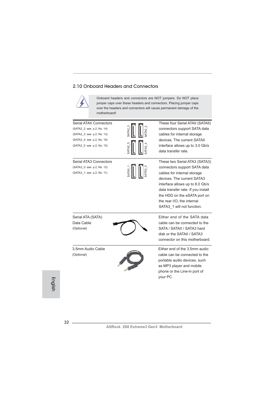 English 2.10 onboard headers and connectors | ASRock Z68 Extreme3 Gen3 User Manual | Page 32 / 217