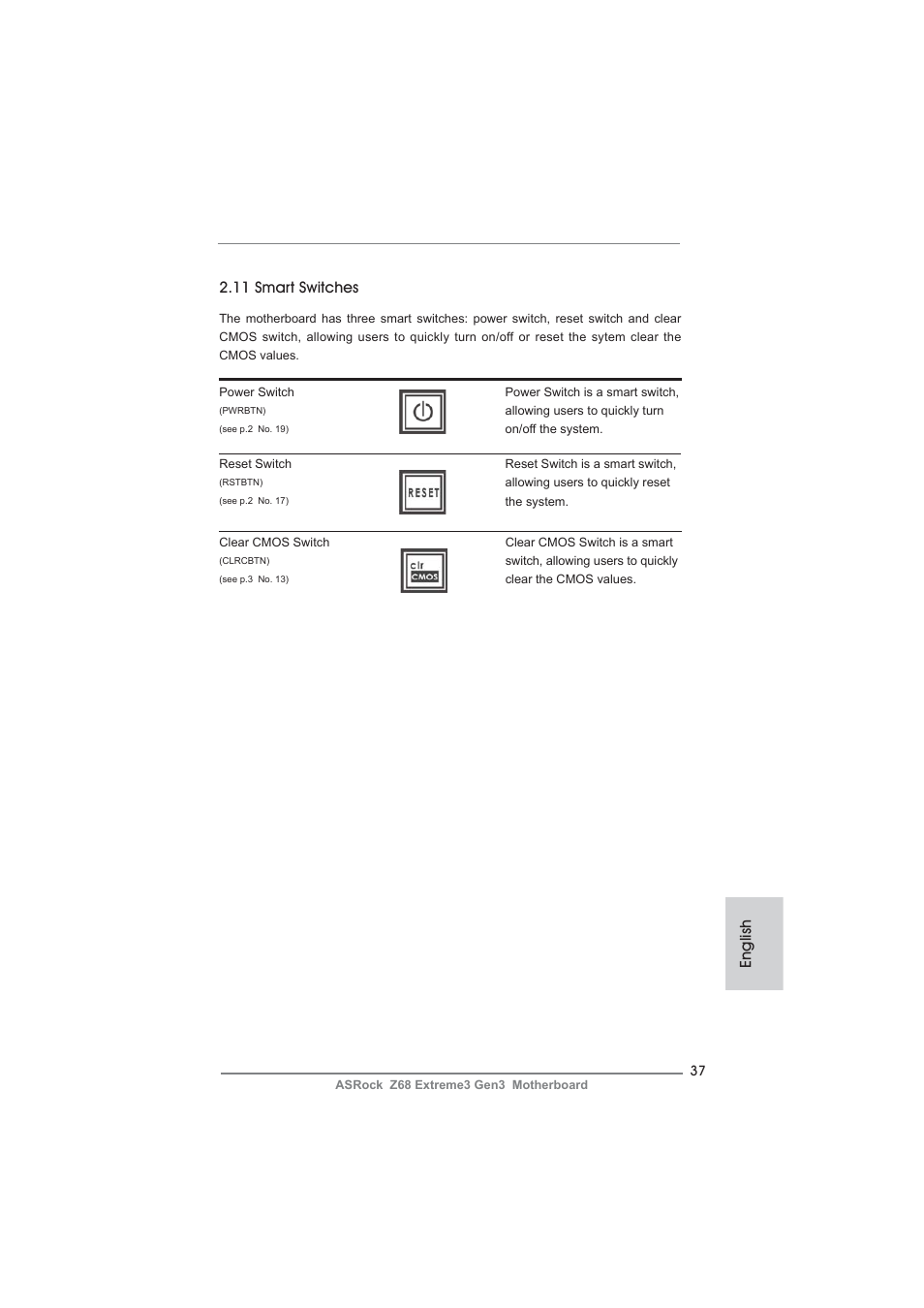 English, 11 smart switches | ASRock Z68 Extreme3 Gen3 User Manual | Page 37 / 217