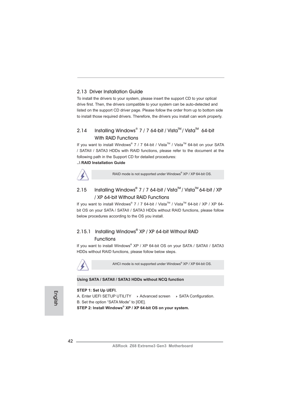 13 driver installation guide, 14 installing windows, 7 / 7 64-bit / vista | Vista, Bit with raid functions, English 2.15 installing windows, Bit / xp / xp 64-bit without raid functions, 1 installing windows, Xp / xp 64-bit without raid functions | ASRock Z68 Extreme3 Gen3 User Manual | Page 42 / 217