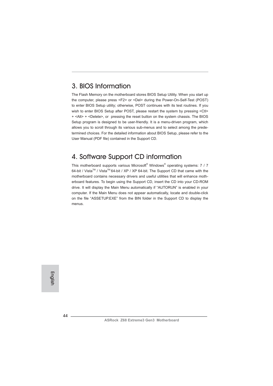 Bios information, Software support cd information, English | ASRock Z68 Extreme3 Gen3 User Manual | Page 44 / 217