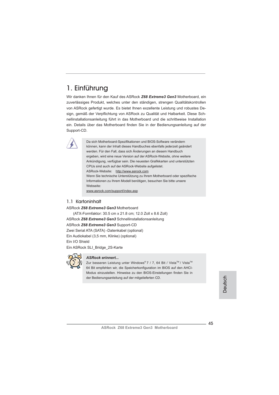 German, Einführung, Deutsch | 1 kartoninhalt | ASRock Z68 Extreme3 Gen3 User Manual | Page 45 / 217