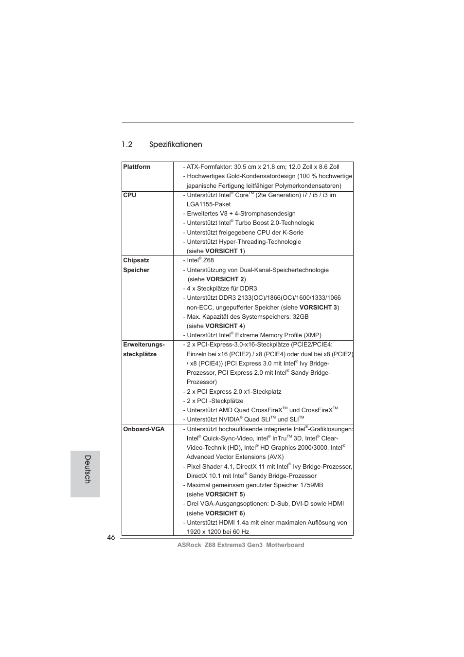 2 spezifikationen, Deutsch | ASRock Z68 Extreme3 Gen3 User Manual | Page 46 / 217
