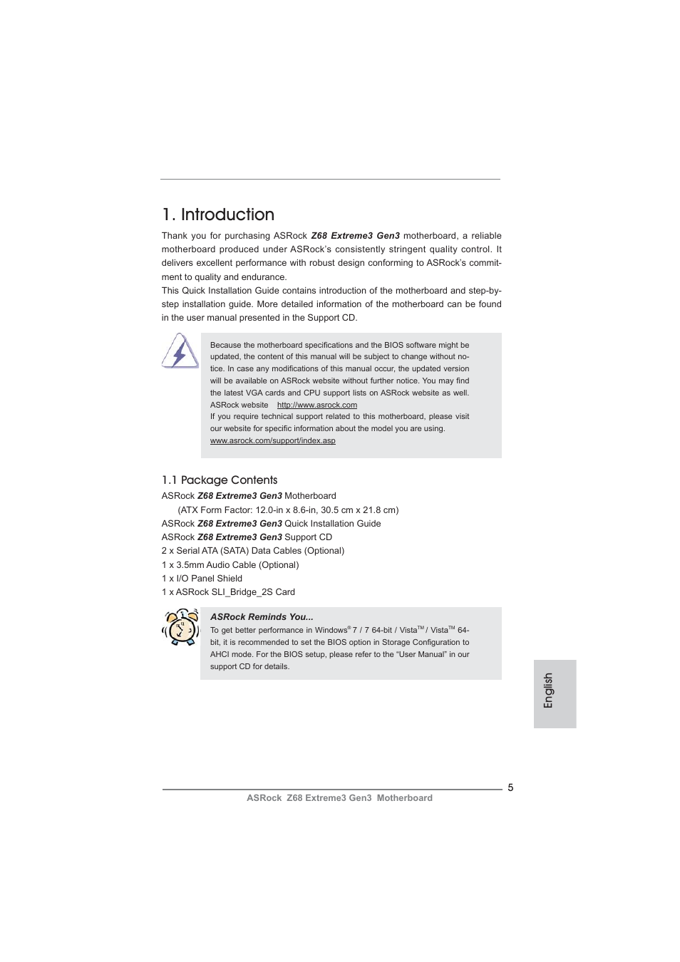 Introduction, 1 package contents, English | ASRock Z68 Extreme3 Gen3 User Manual | Page 5 / 217