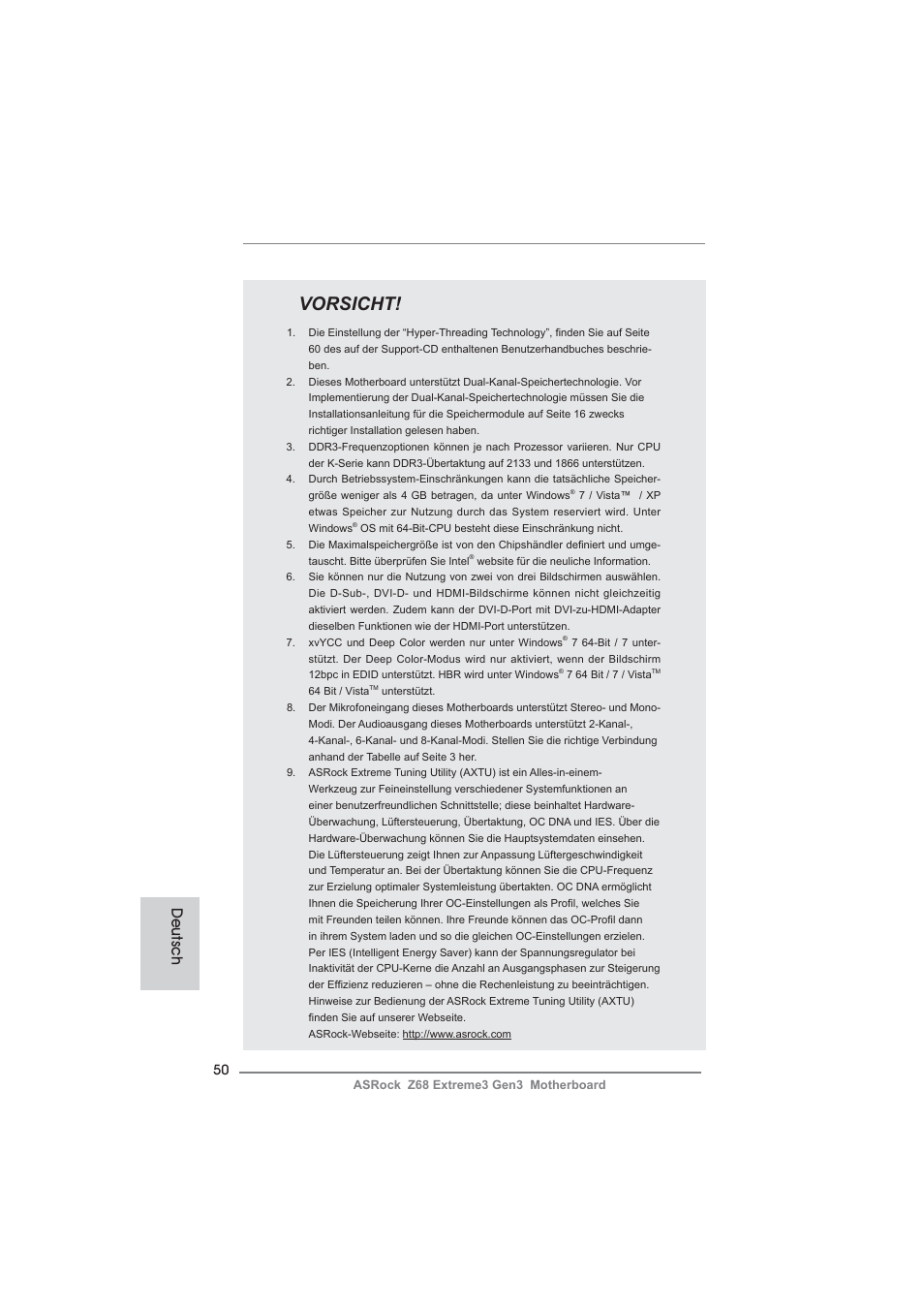 Vorsicht, Deutsch | ASRock Z68 Extreme3 Gen3 User Manual | Page 50 / 217