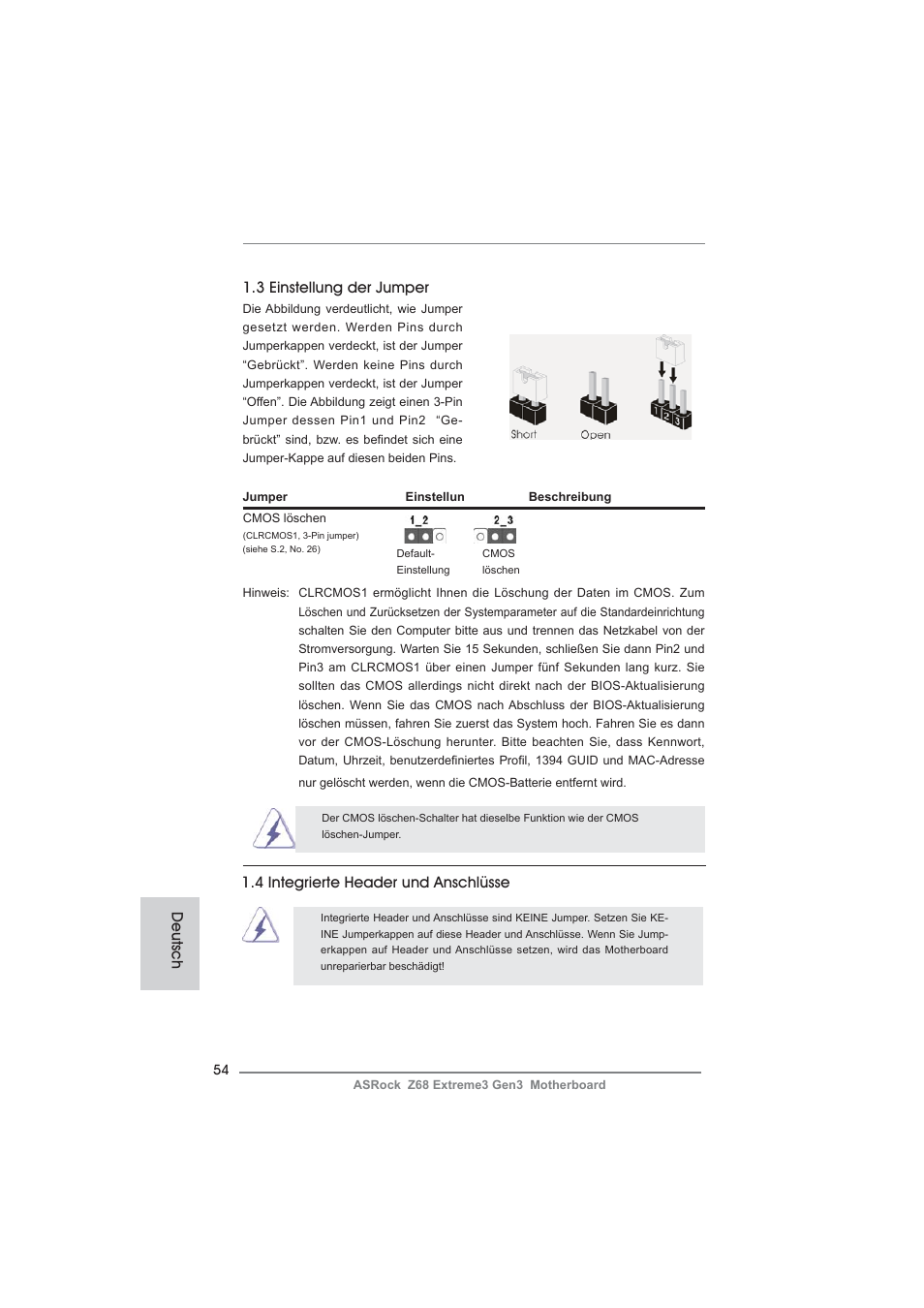 3 einstellung der jumper, Deutsch 1.4 integrierte header und anschlüsse | ASRock Z68 Extreme3 Gen3 User Manual | Page 54 / 217