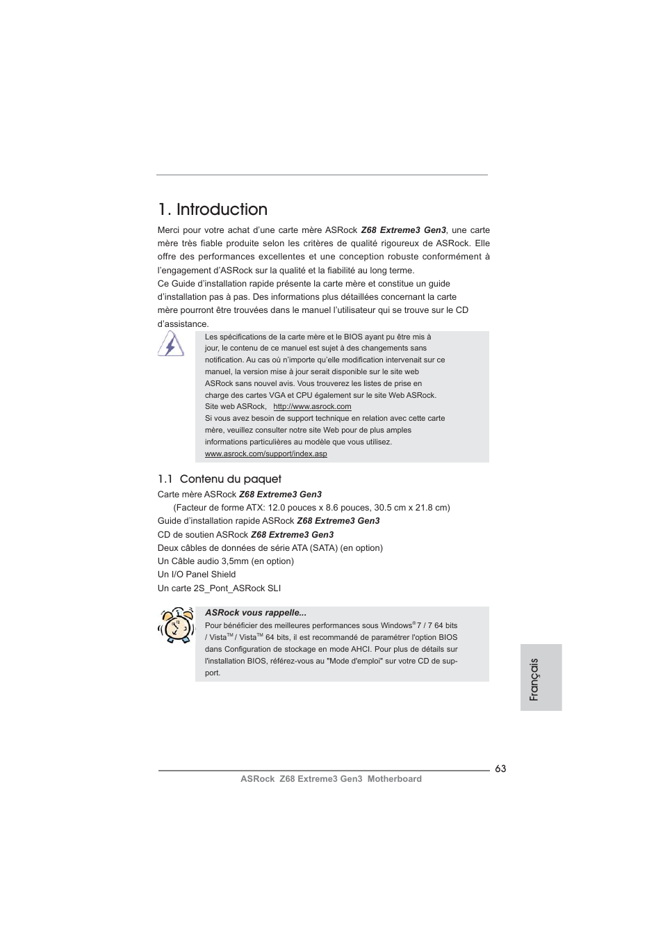 French, Introduction, 1 contenu du paquet | Français | ASRock Z68 Extreme3 Gen3 User Manual | Page 63 / 217
