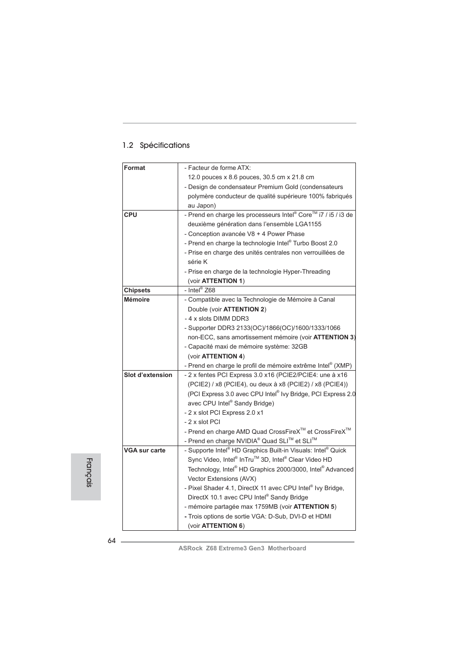 Français 1.2 spécifications | ASRock Z68 Extreme3 Gen3 User Manual | Page 64 / 217