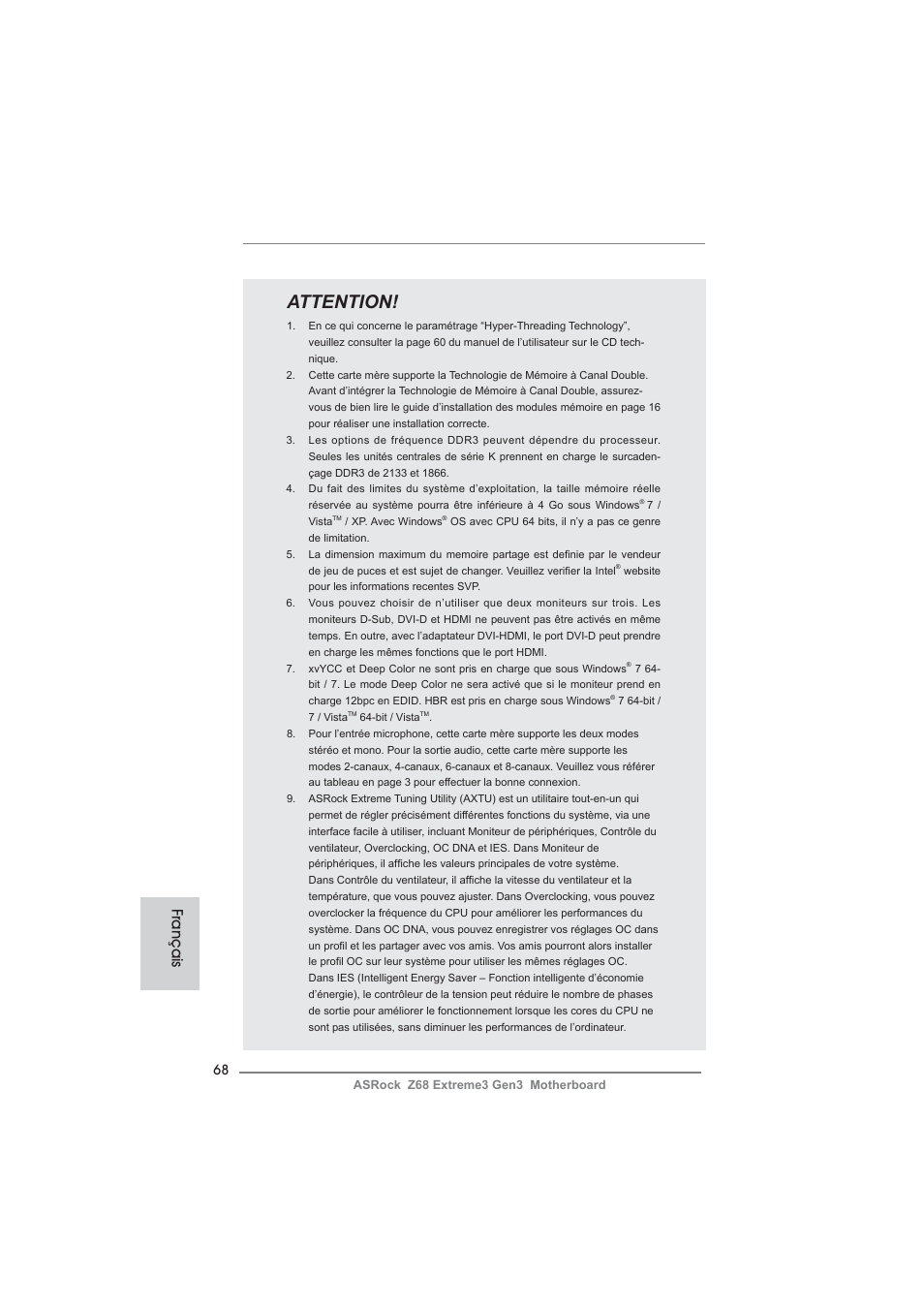 Attention, Français | ASRock Z68 Extreme3 Gen3 User Manual | Page 68 / 217