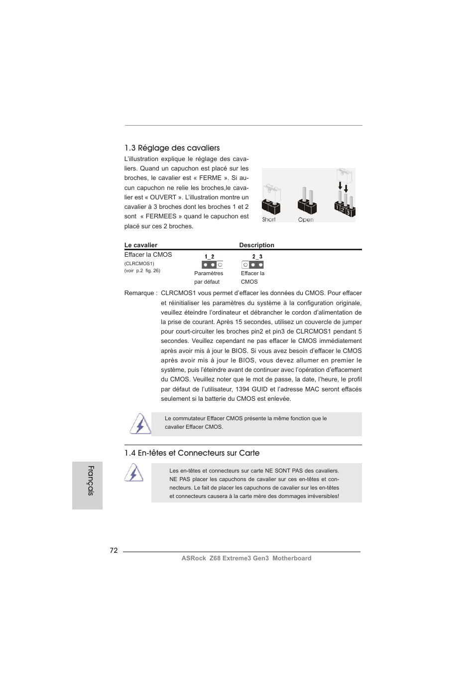 3 réglage des cavaliers, Français 1.4 en-têtes et connecteurs sur carte | ASRock Z68 Extreme3 Gen3 User Manual | Page 72 / 217