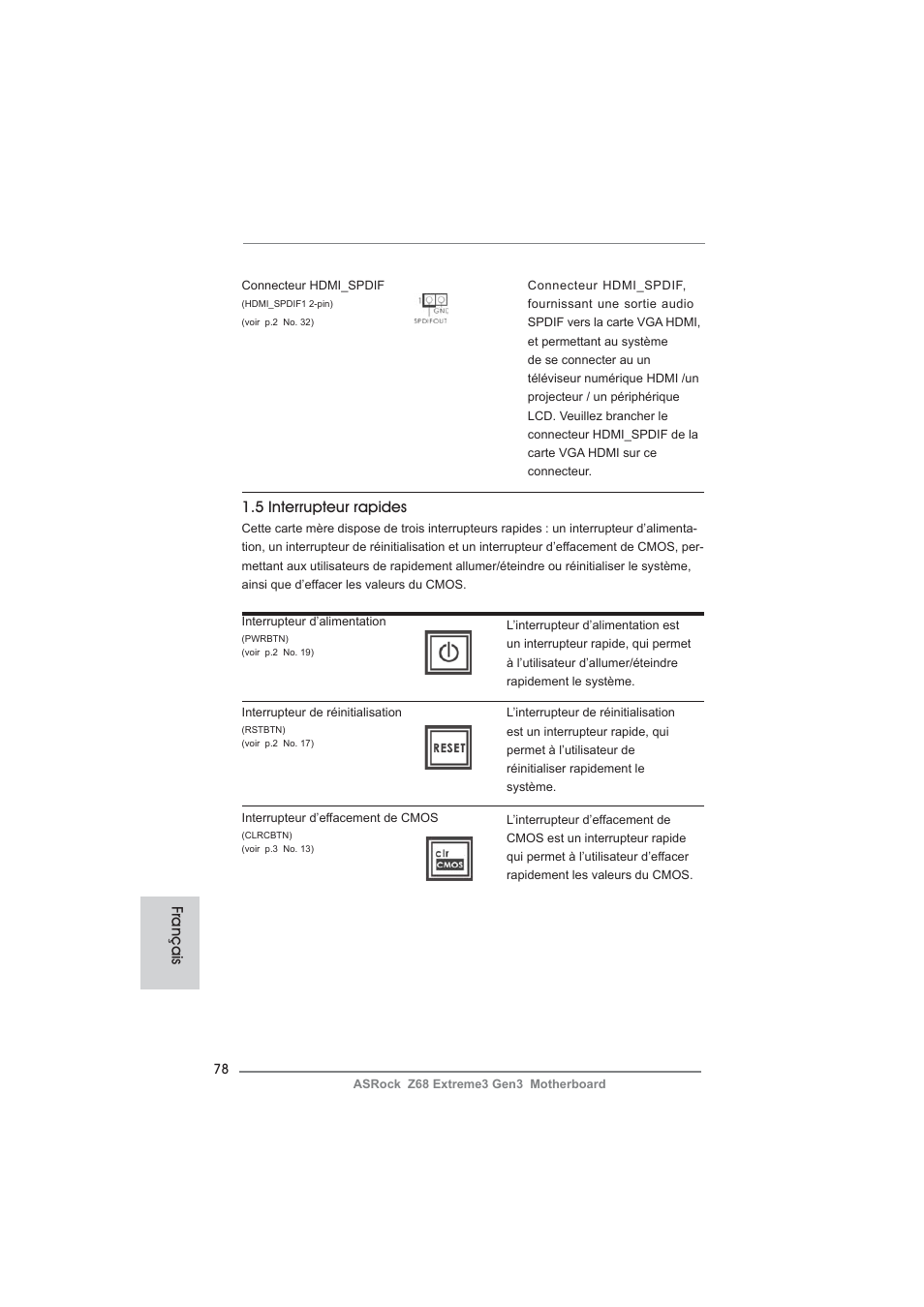 Français, 5 interrupteur rapides | ASRock Z68 Extreme3 Gen3 User Manual | Page 78 / 217