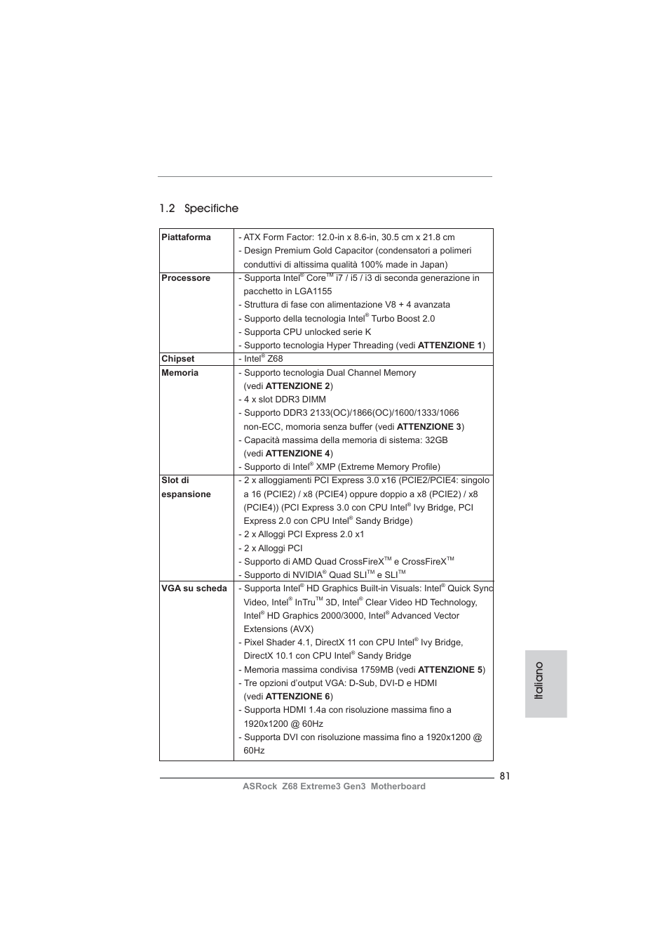 Italiano 1.2 specifiche | ASRock Z68 Extreme3 Gen3 User Manual | Page 81 / 217