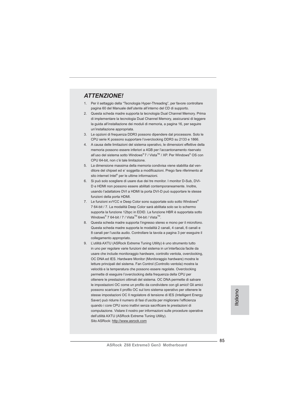 Attenzione, Italiano | ASRock Z68 Extreme3 Gen3 User Manual | Page 85 / 217