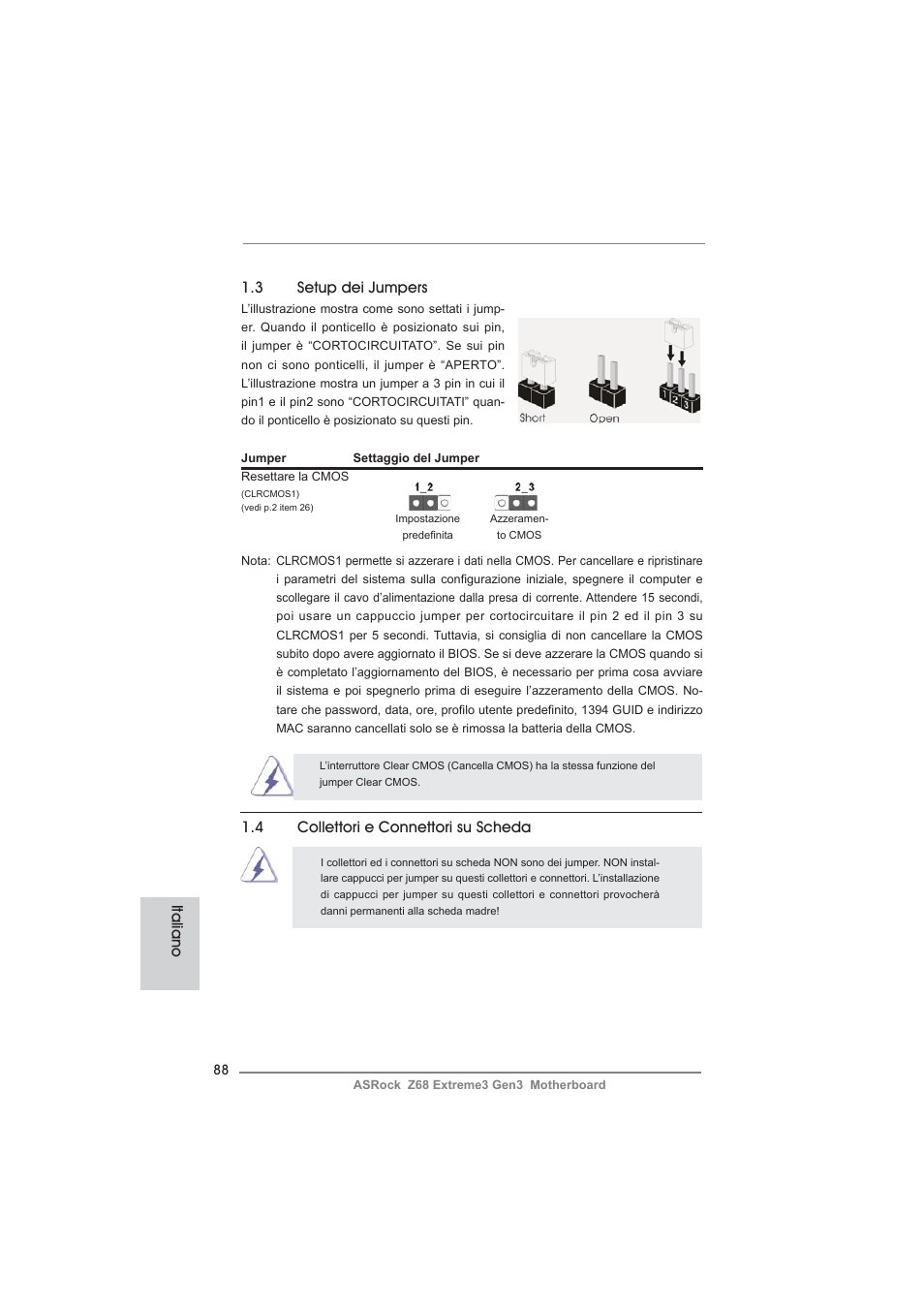 3 setup dei jumpers, Italiano 1.4 collettori e connettori su scheda | ASRock Z68 Extreme3 Gen3 User Manual | Page 88 / 217