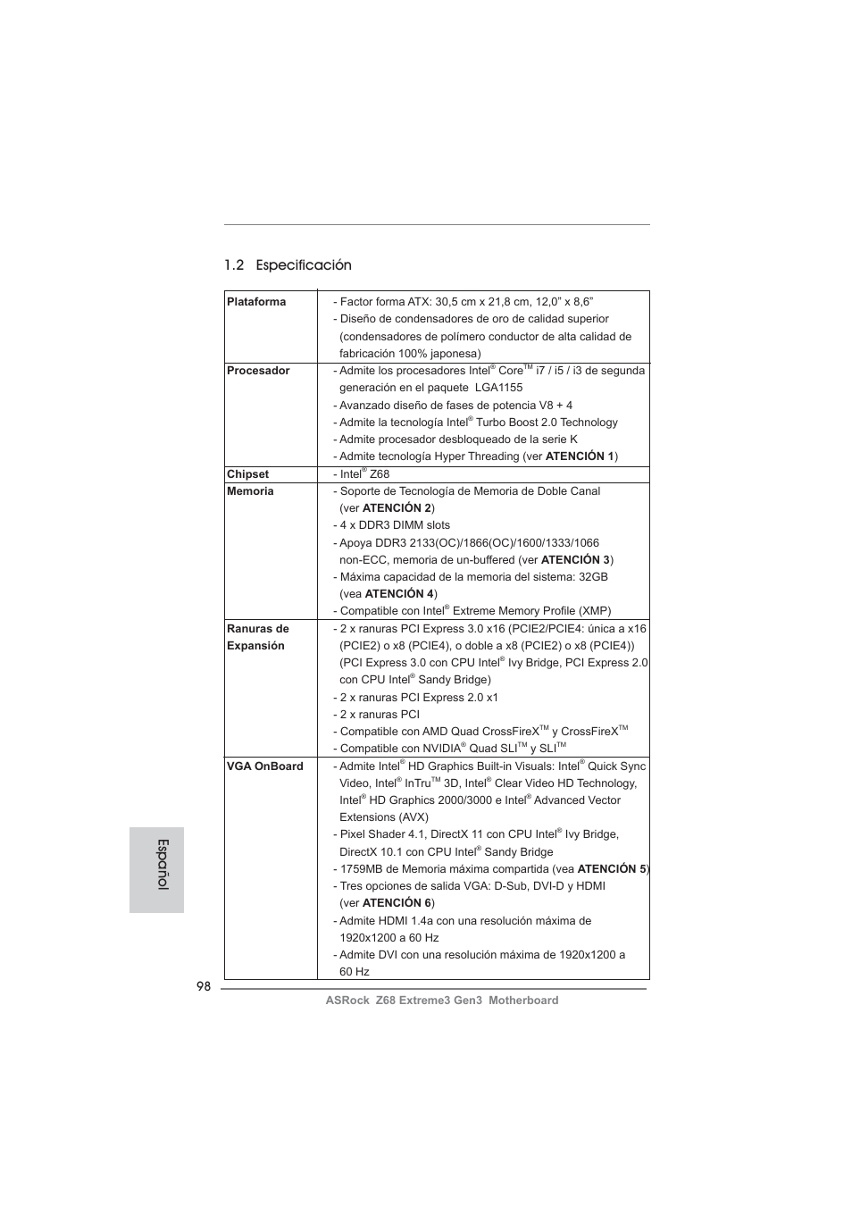 Español 1.2 especificación | ASRock Z68 Extreme3 Gen3 User Manual | Page 98 / 217