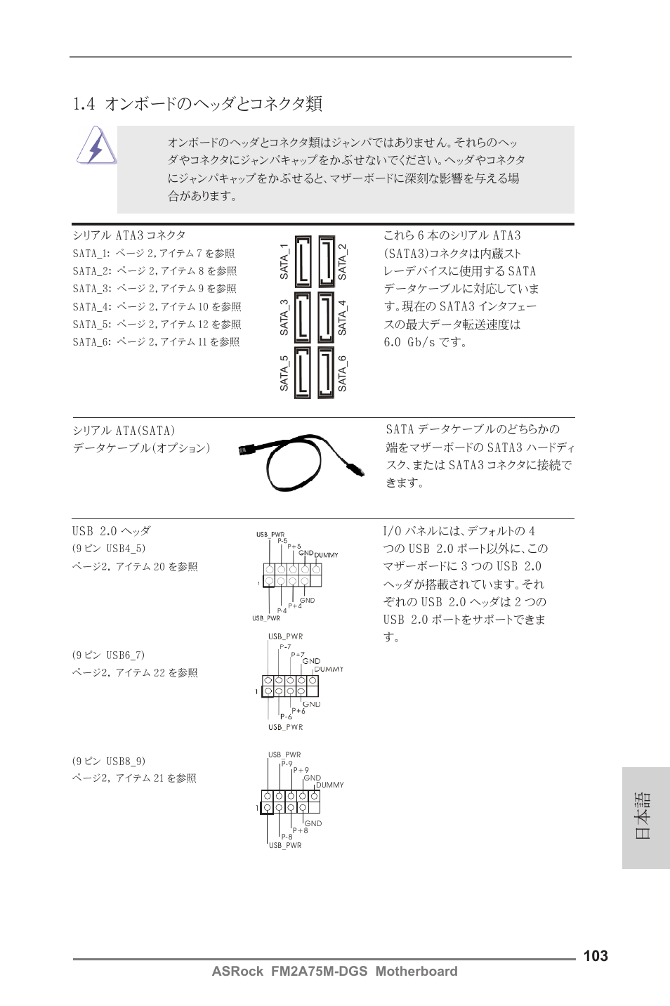 4 オンボードのヘッダとコネクタ類, Asrock fm2a75m-dgs motherboard | ASRock FM2A75M-DGS User Manual | Page 103 / 138