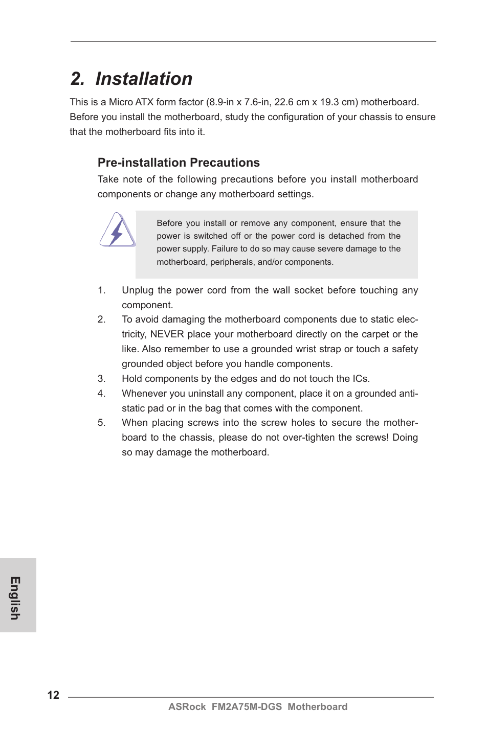 Installation, English, Pre-installation precautions | ASRock FM2A75M-DGS User Manual | Page 12 / 138