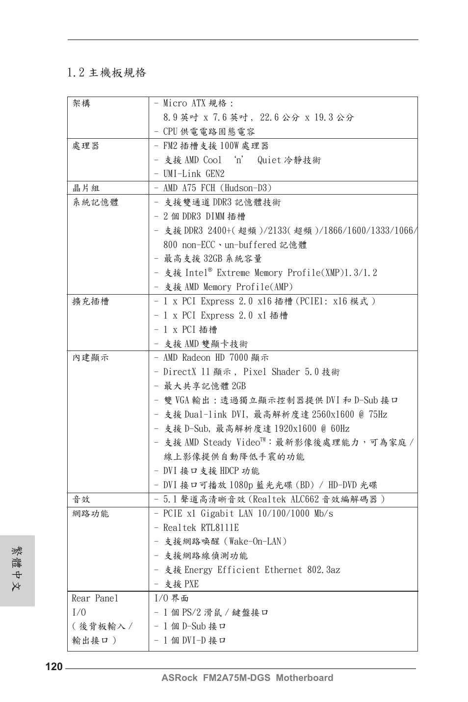 2 主機板規格, 繁體中文 | ASRock FM2A75M-DGS User Manual | Page 120 / 138