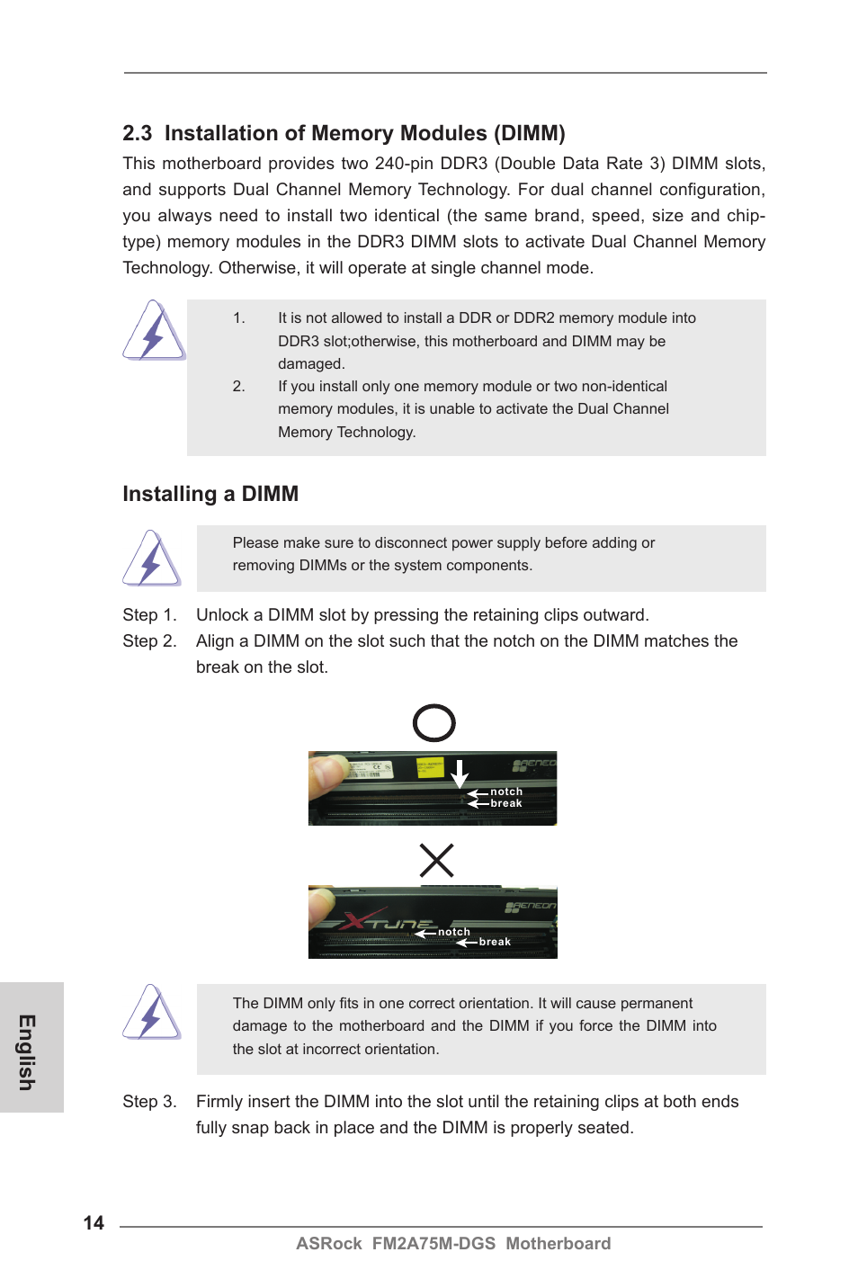 Installing a dimm | ASRock FM2A75M-DGS User Manual | Page 14 / 138