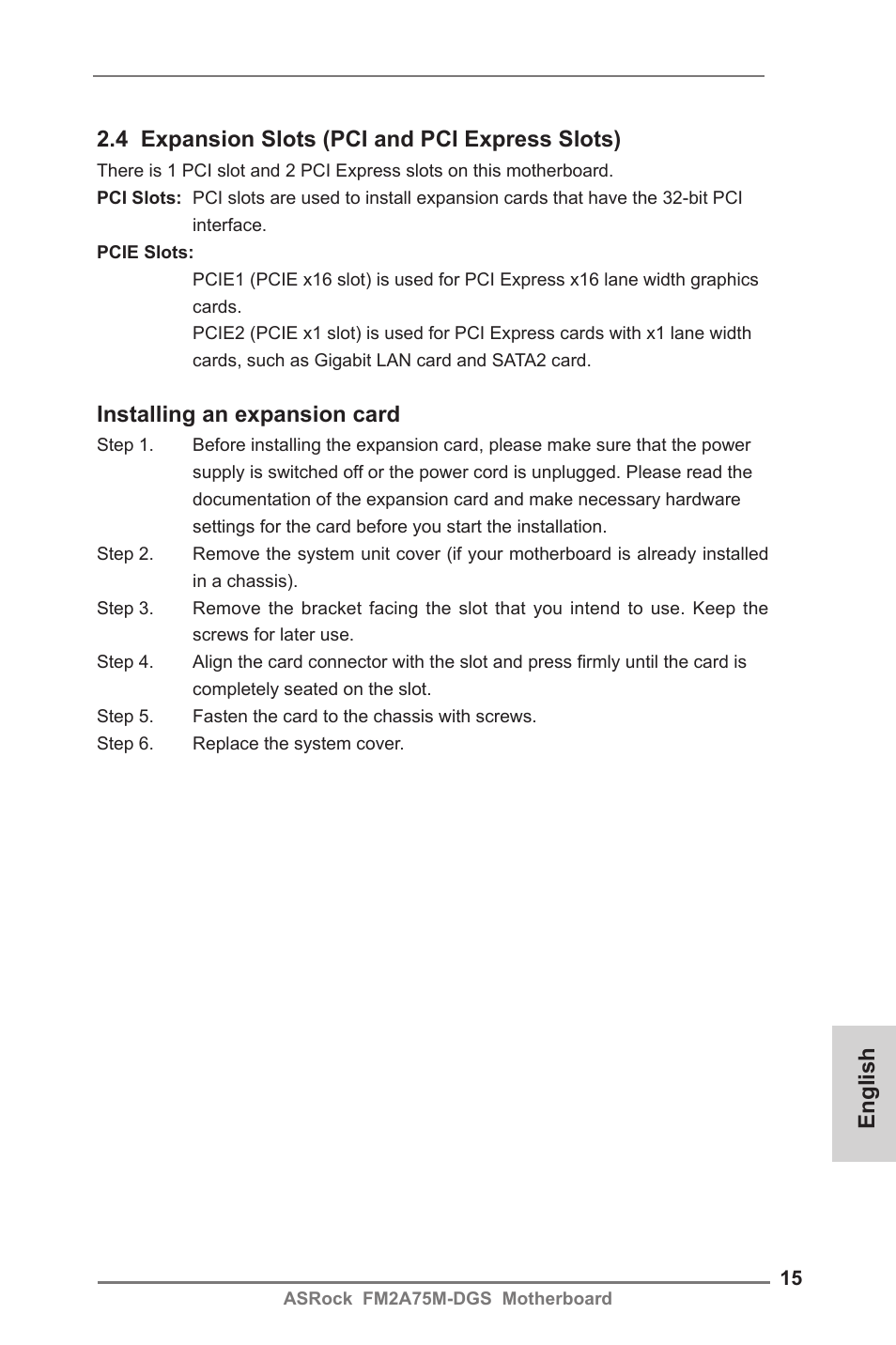 Installing an expansion card | ASRock FM2A75M-DGS User Manual | Page 15 / 138