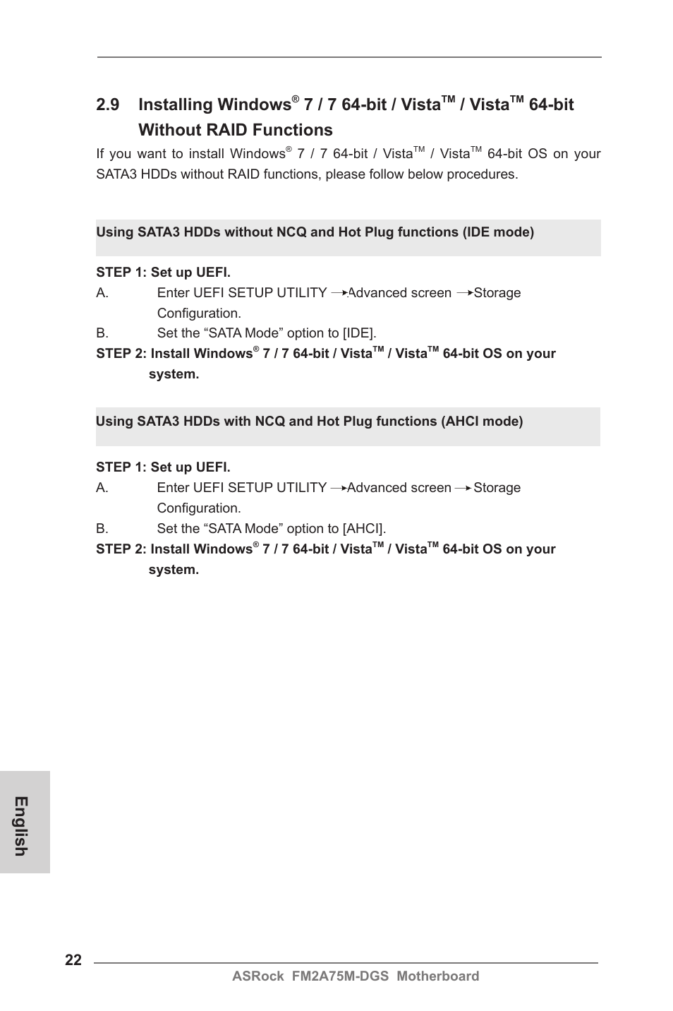 English, 9 installing windows, 7 / 7 64-bit / vista | Vista, Bit without raid functions | ASRock FM2A75M-DGS User Manual | Page 22 / 138