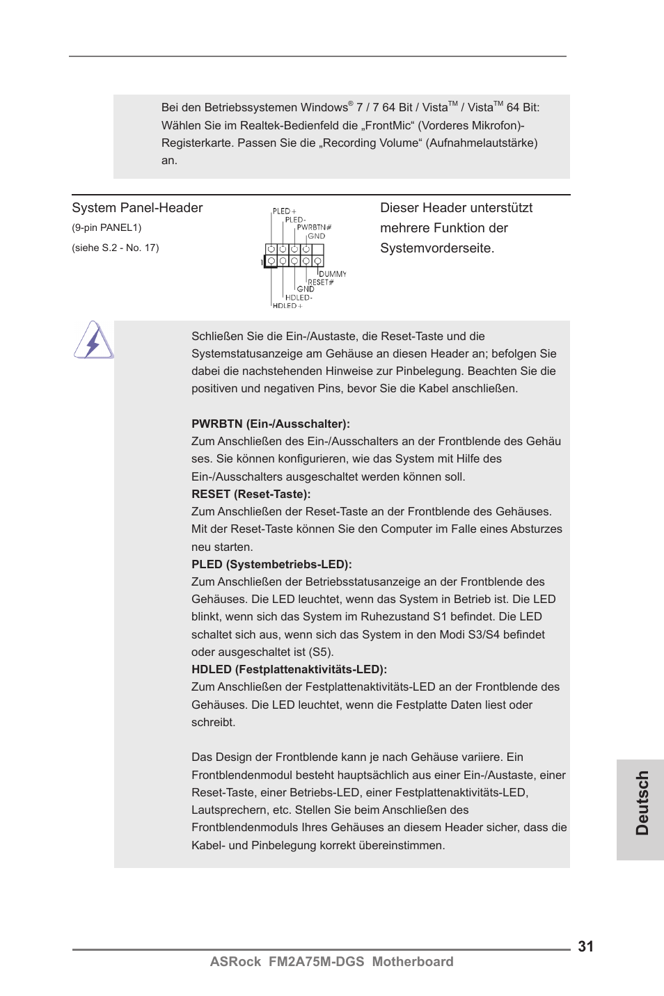 Deutsch | ASRock FM2A75M-DGS User Manual | Page 31 / 138