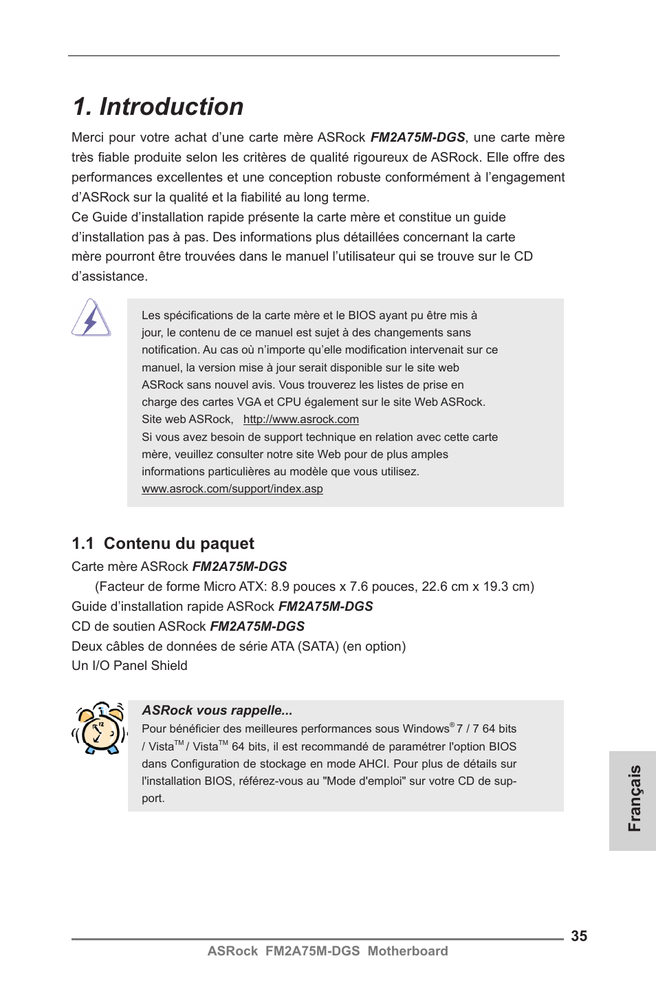 French, Introduction, Français | 1 contenu du paquet | ASRock FM2A75M-DGS User Manual | Page 35 / 138