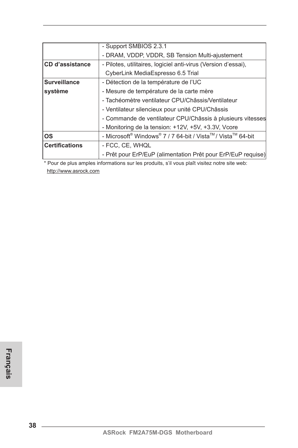 Français | ASRock FM2A75M-DGS User Manual | Page 38 / 138