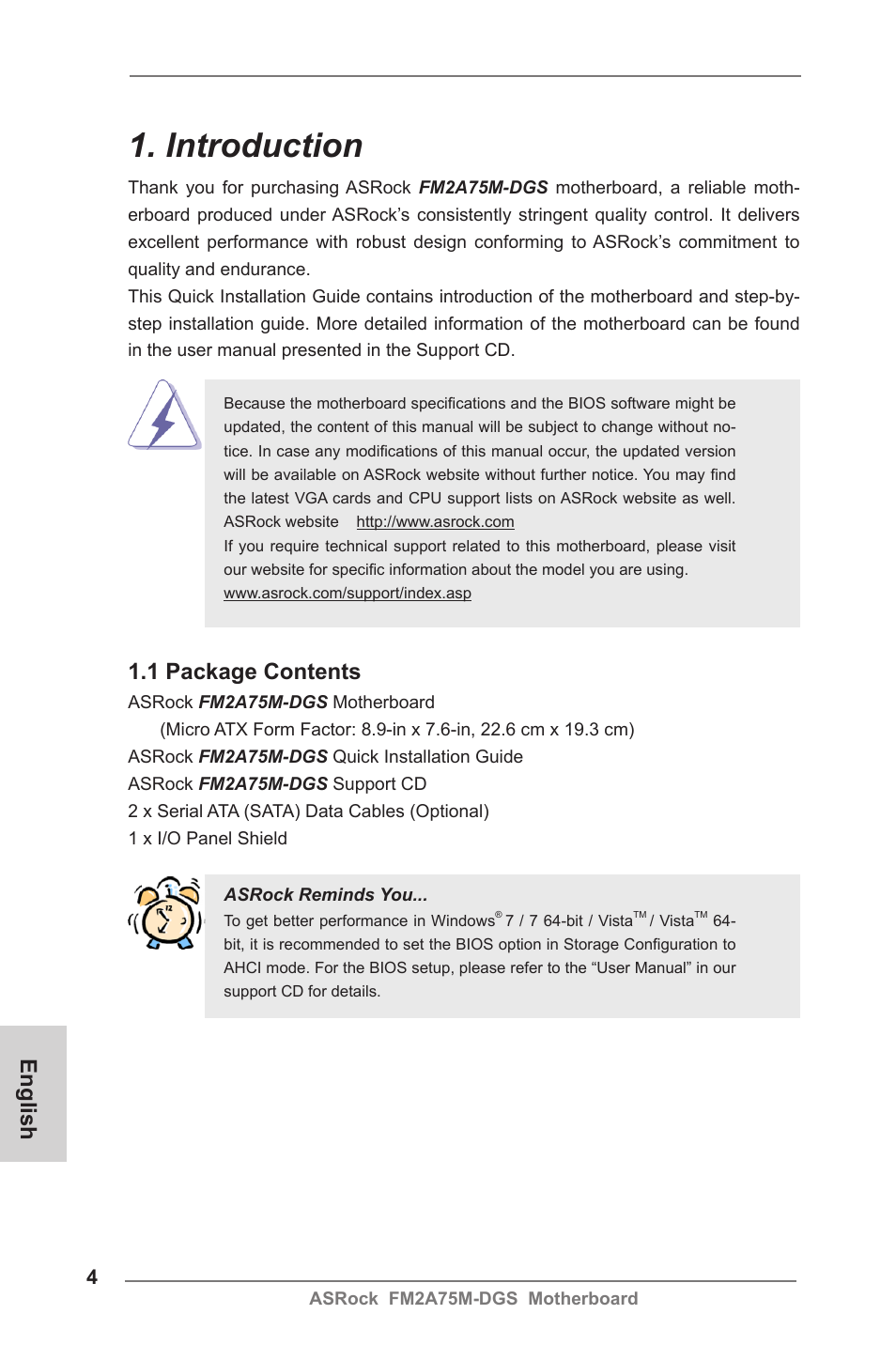 Introduction, 1 package contents, English | ASRock FM2A75M-DGS User Manual | Page 4 / 138