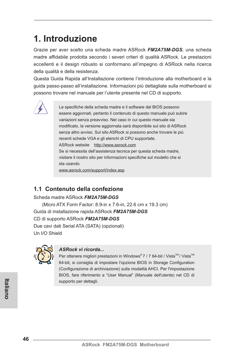 Italian, Introduzione, 1 contenuto della confezione | Italiano | ASRock FM2A75M-DGS User Manual | Page 46 / 138