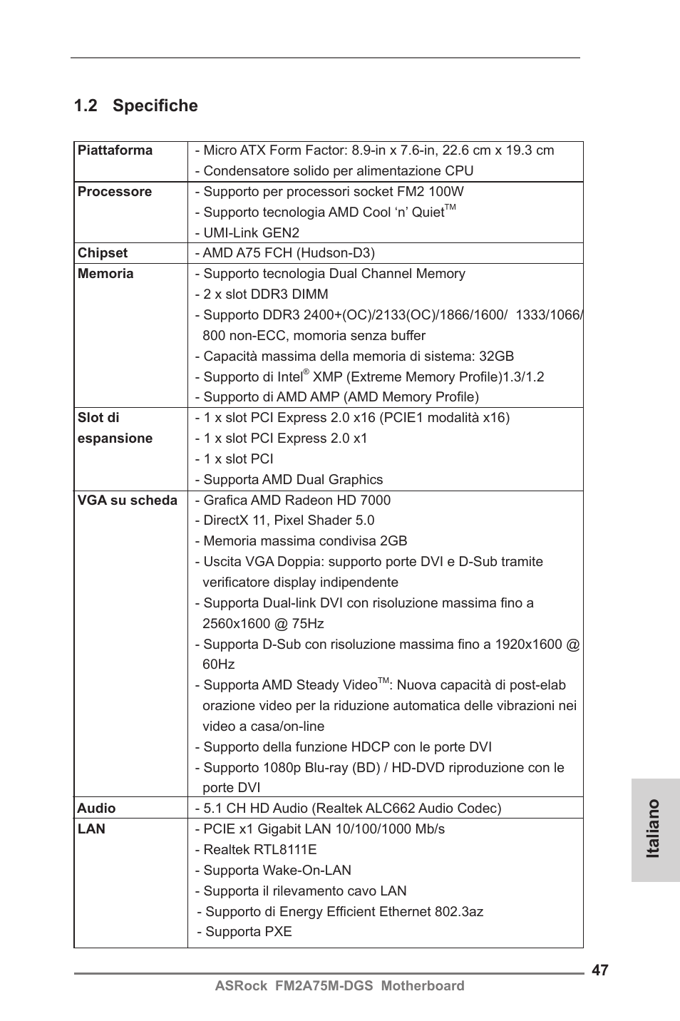 Italiano 1.2 specifiche | ASRock FM2A75M-DGS User Manual | Page 47 / 138