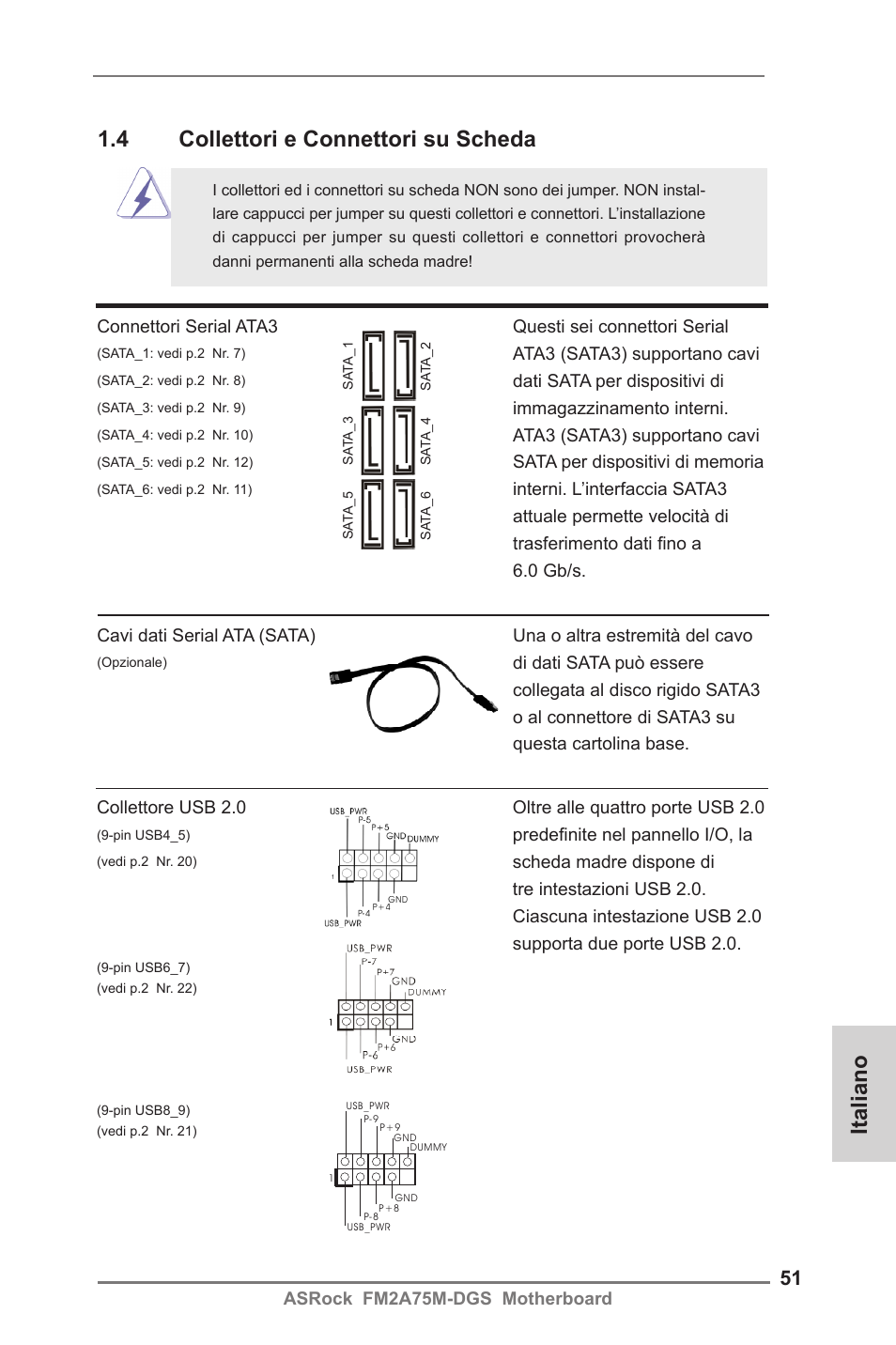 Italiano, 4 collettori e connettori su scheda | ASRock FM2A75M-DGS User Manual | Page 51 / 138