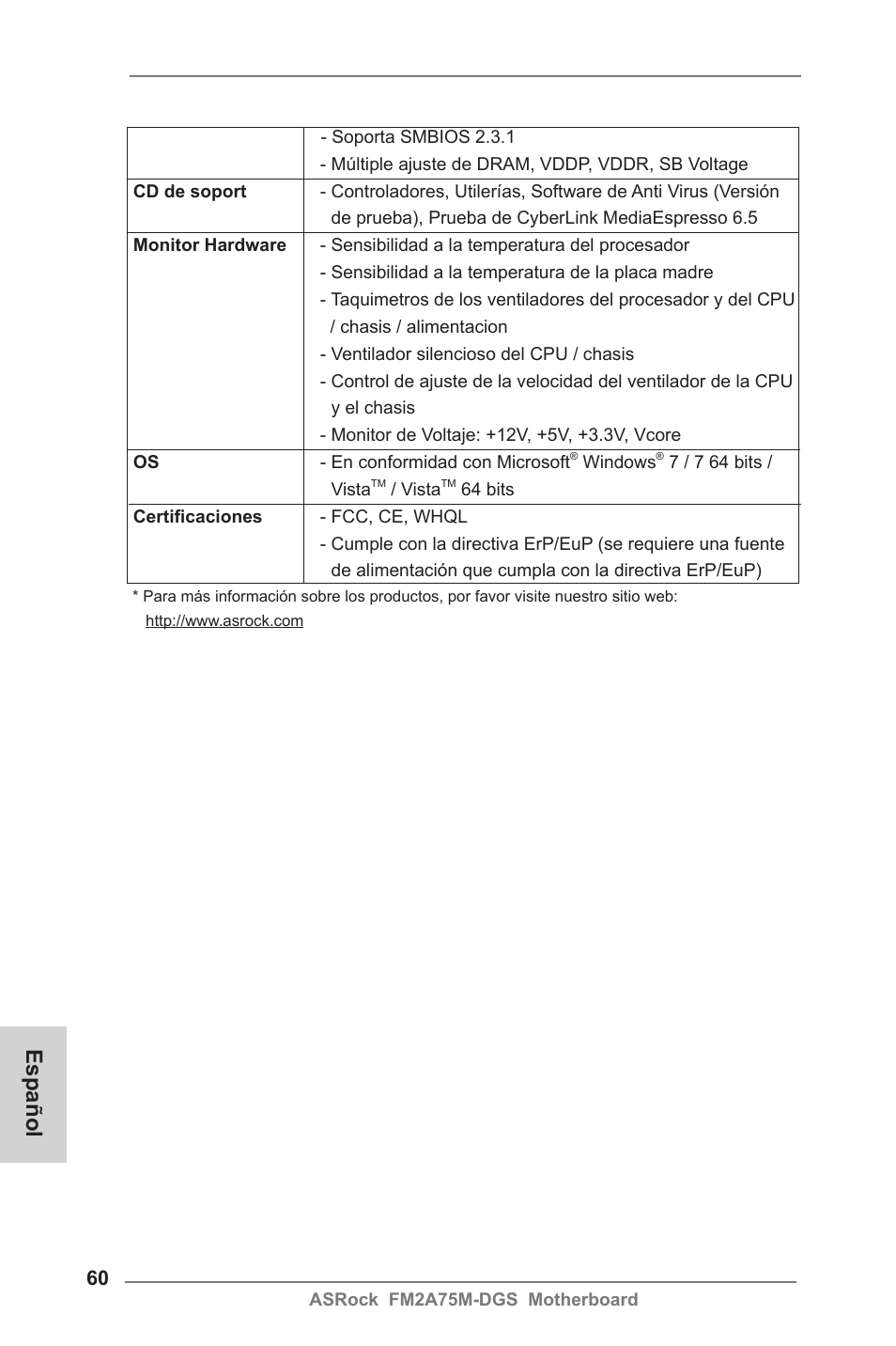 Español | ASRock FM2A75M-DGS User Manual | Page 60 / 138