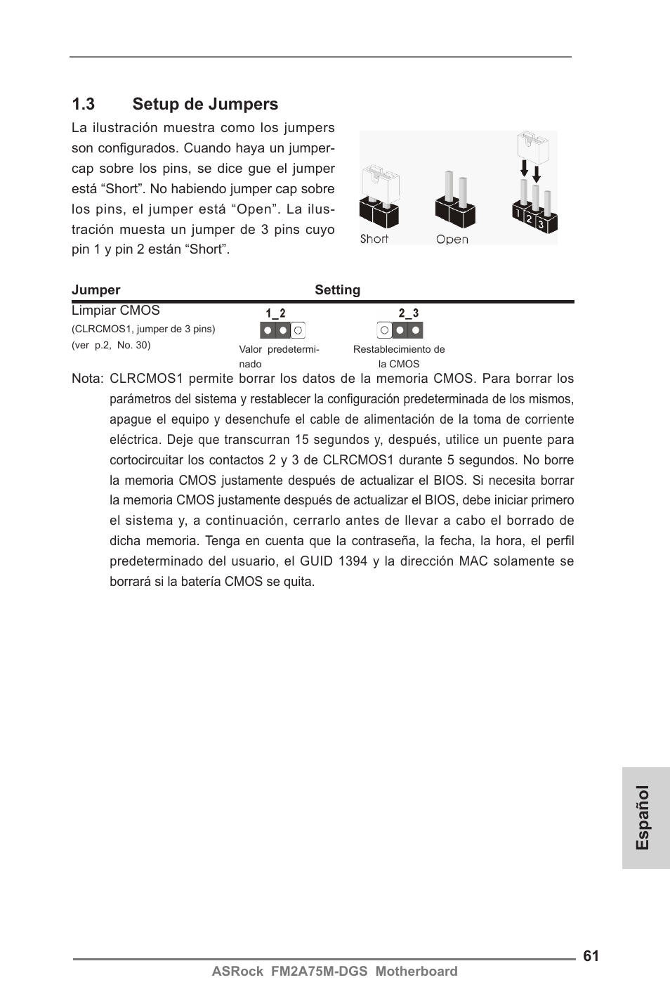 3 setup de jumpers, Español | ASRock FM2A75M-DGS User Manual | Page 61 / 138