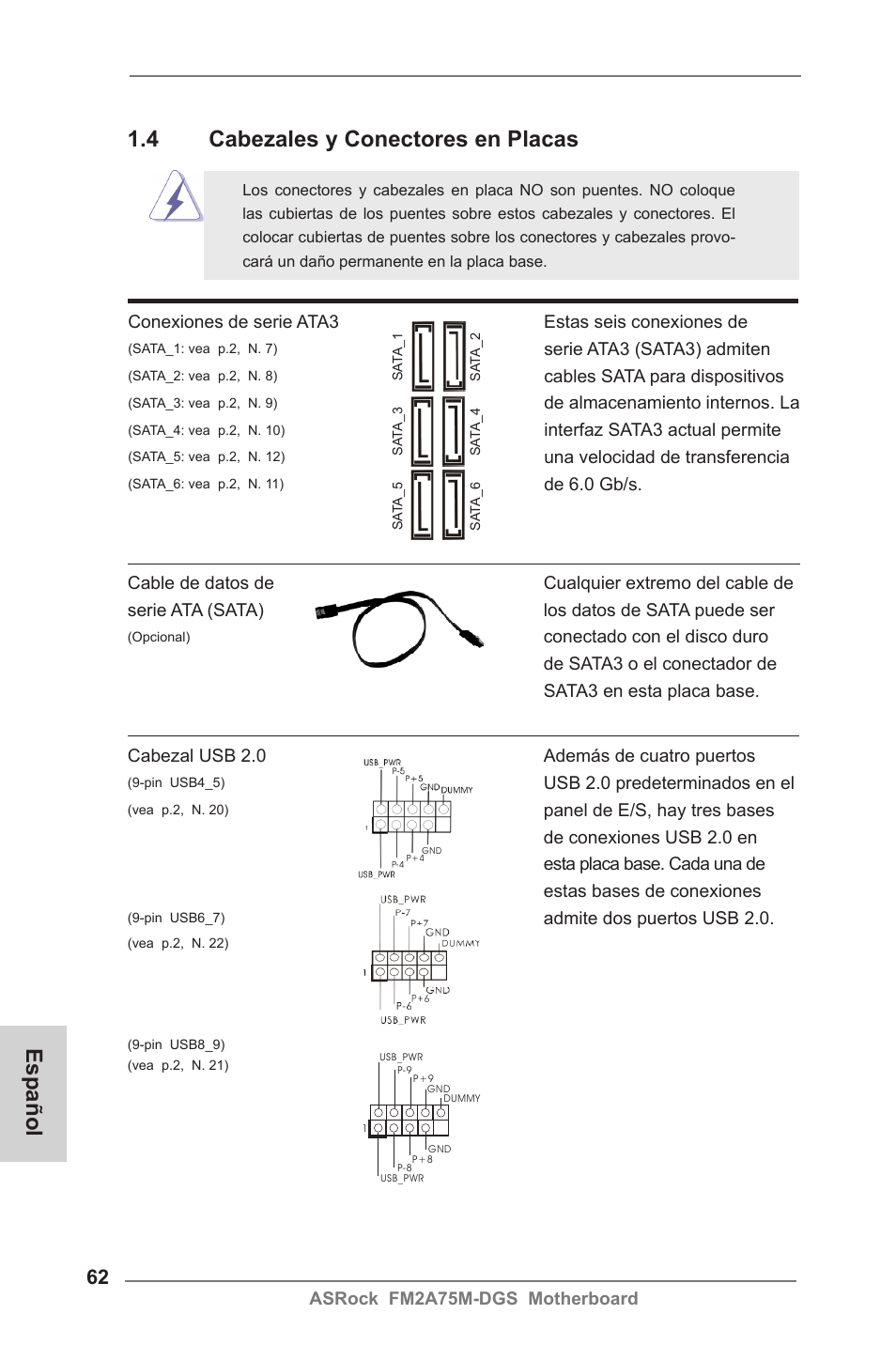 4 cabezales y conectores en placas, Español | ASRock FM2A75M-DGS User Manual | Page 62 / 138