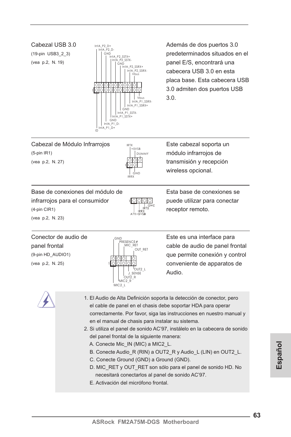 Español, Módulo infrarrojos de, Que permite conexión y control | Receptor remoto, Cabezal usb 3.0 además de dos puertos 3.0, Predeterminados situados en el | ASRock FM2A75M-DGS User Manual | Page 63 / 138