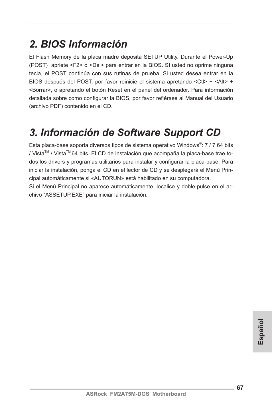 Bios información, Información de software support cd, Español | ASRock FM2A75M-DGS User Manual | Page 67 / 138