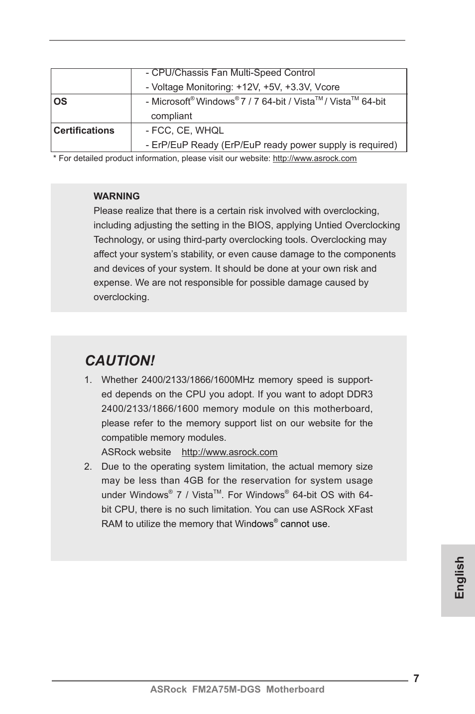 Caution, English | ASRock FM2A75M-DGS User Manual | Page 7 / 138