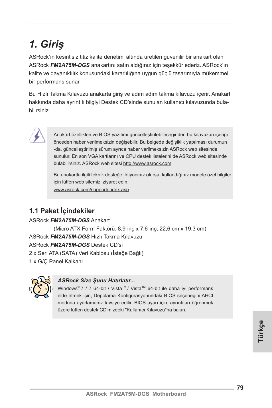 Turkish, Giriş, 1 paket içindekiler | Türkçe | ASRock FM2A75M-DGS User Manual | Page 79 / 138