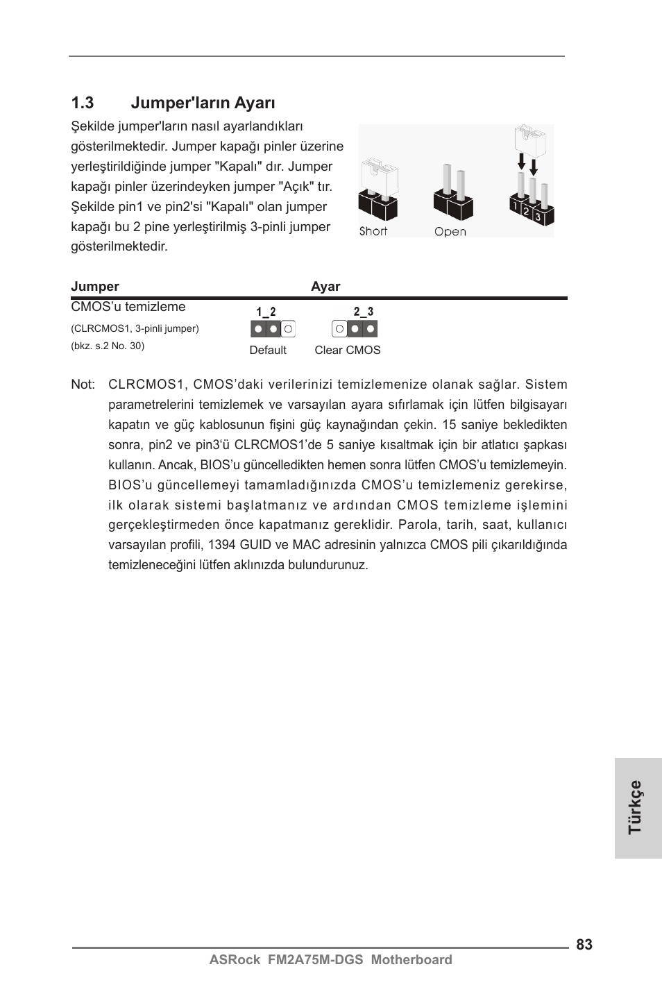 Türkçe 1.3 jumper'ların ayarı | ASRock FM2A75M-DGS User Manual | Page 83 / 138