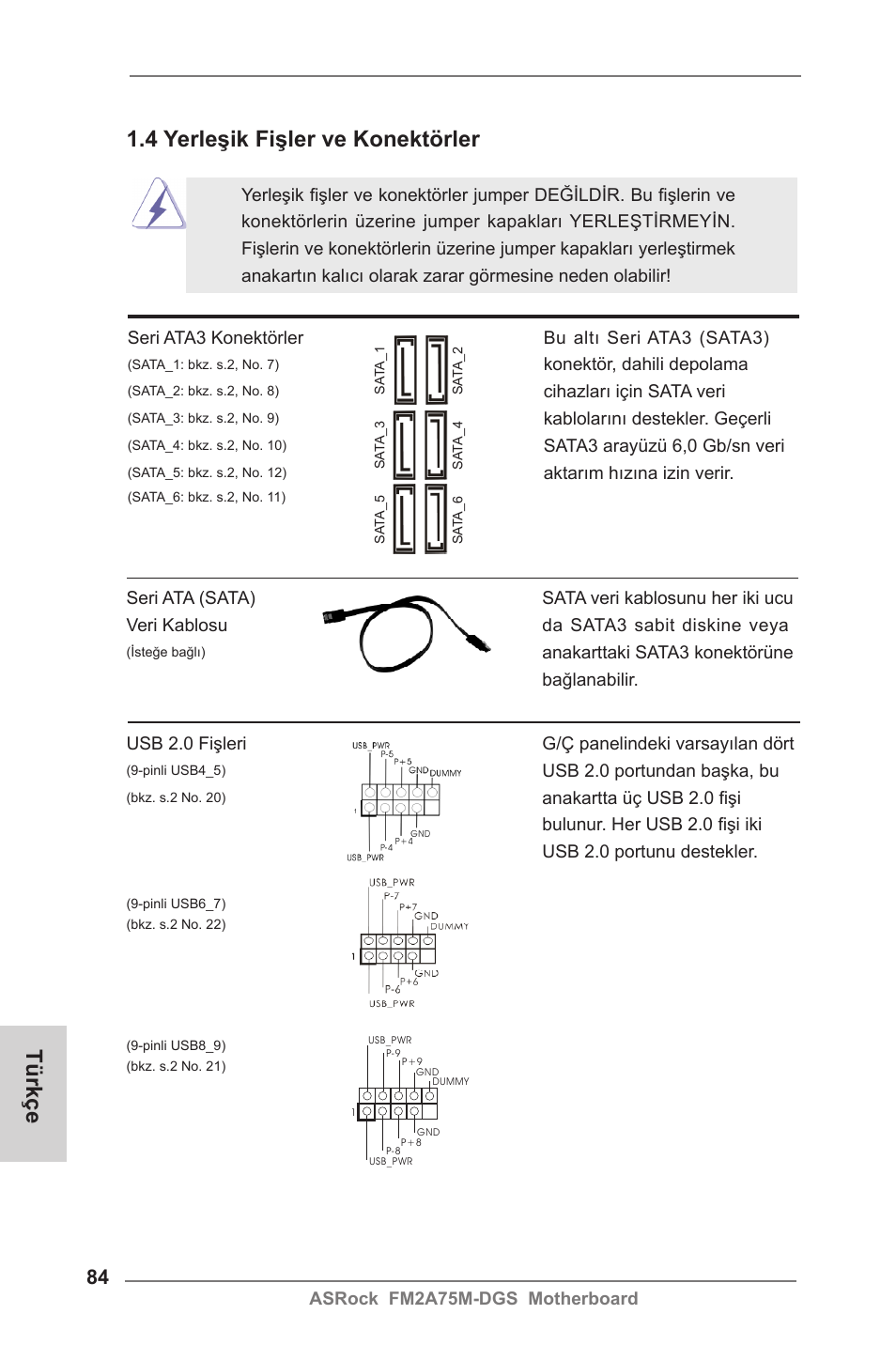 4 yerleşik fişler ve konektörler, Türkçe | ASRock FM2A75M-DGS User Manual | Page 84 / 138