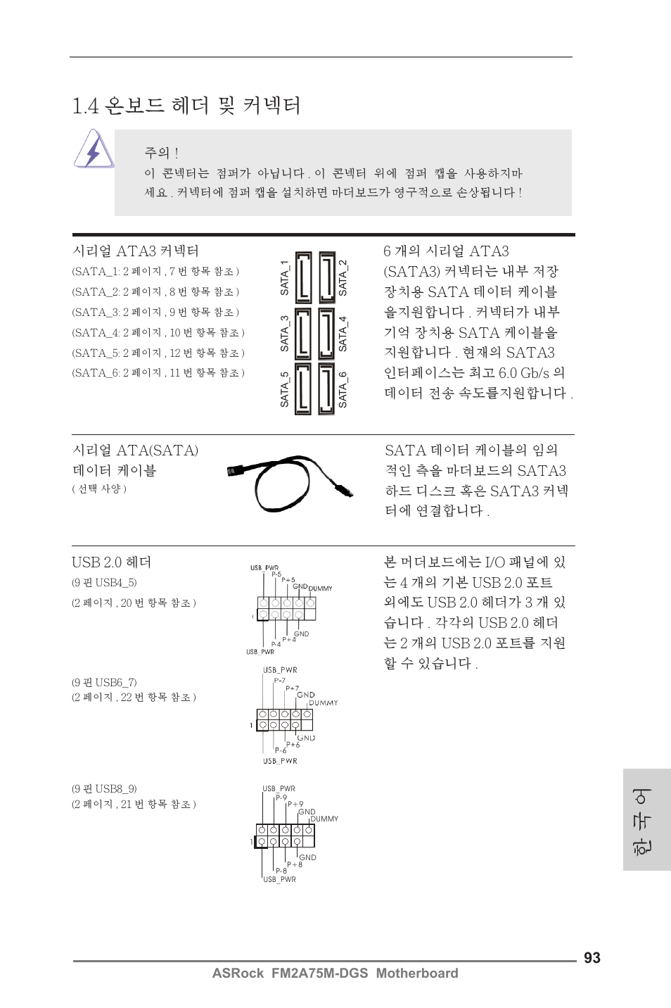 4 온보드 헤더 및 커넥터, 한 국 어 | ASRock FM2A75M-DGS User Manual | Page 93 / 138