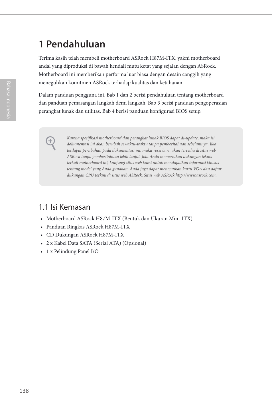 Indonesian, 1 pendahuluan, 1 isi kemasan | ASRock H87M-ITX User Manual | Page 139 / 149