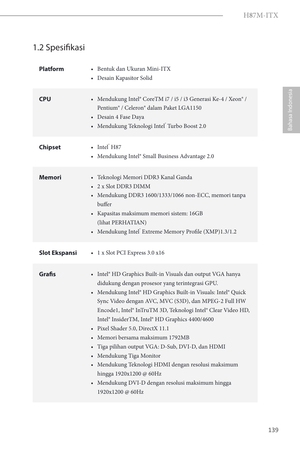 2 spesifikasi, H 8 7m-itx | ASRock H87M-ITX User Manual | Page 140 / 149