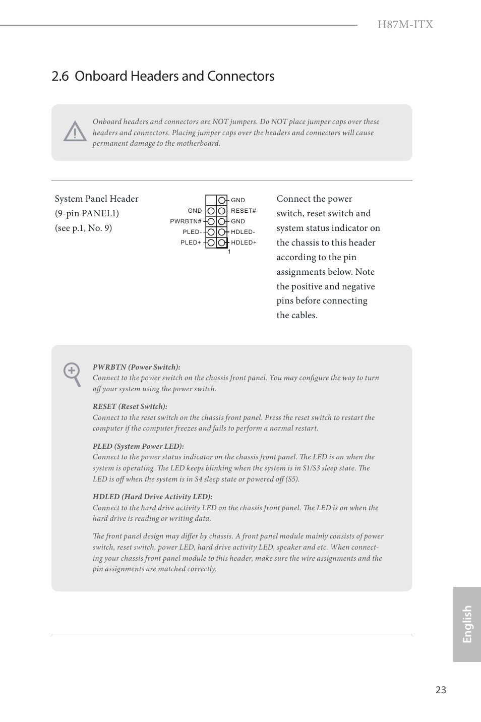 6 onboard headers and connectors, H87m-itx, English | ASRock H87M-ITX User Manual | Page 24 / 149